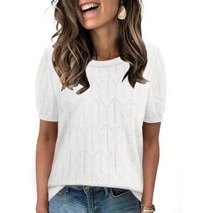 Women Short Sleeve Classic White Sweater Round Neck Summer Work Beach Vacation